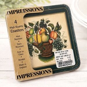 VTG 1990's Impressions Harvest Basket Coaster Set Hardboard Fall Cottagecore NOS